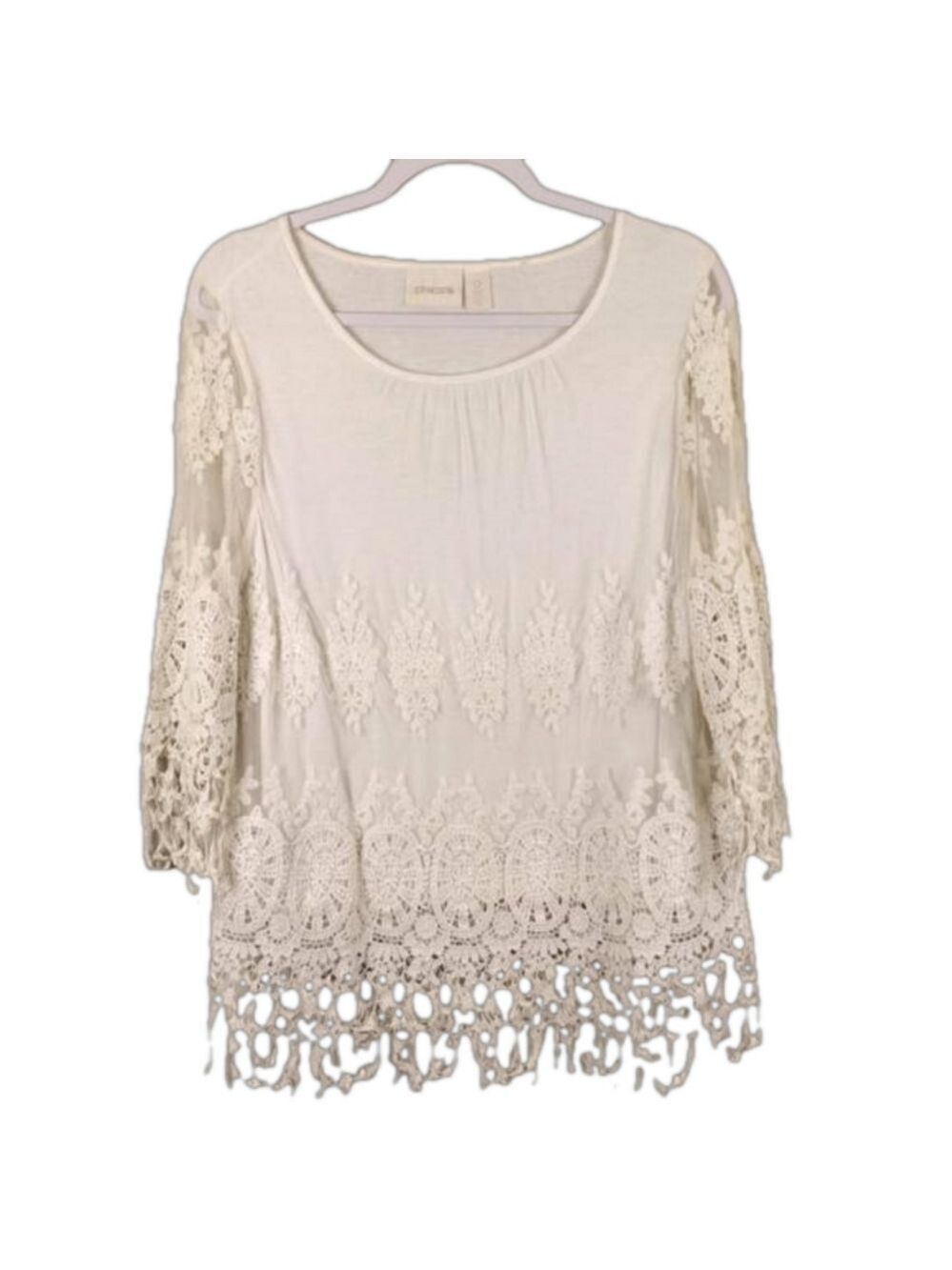 Chico's Cream Crochet Knit Tulle Overlay Round Neckline 3/4 Sleeve Pullover Top